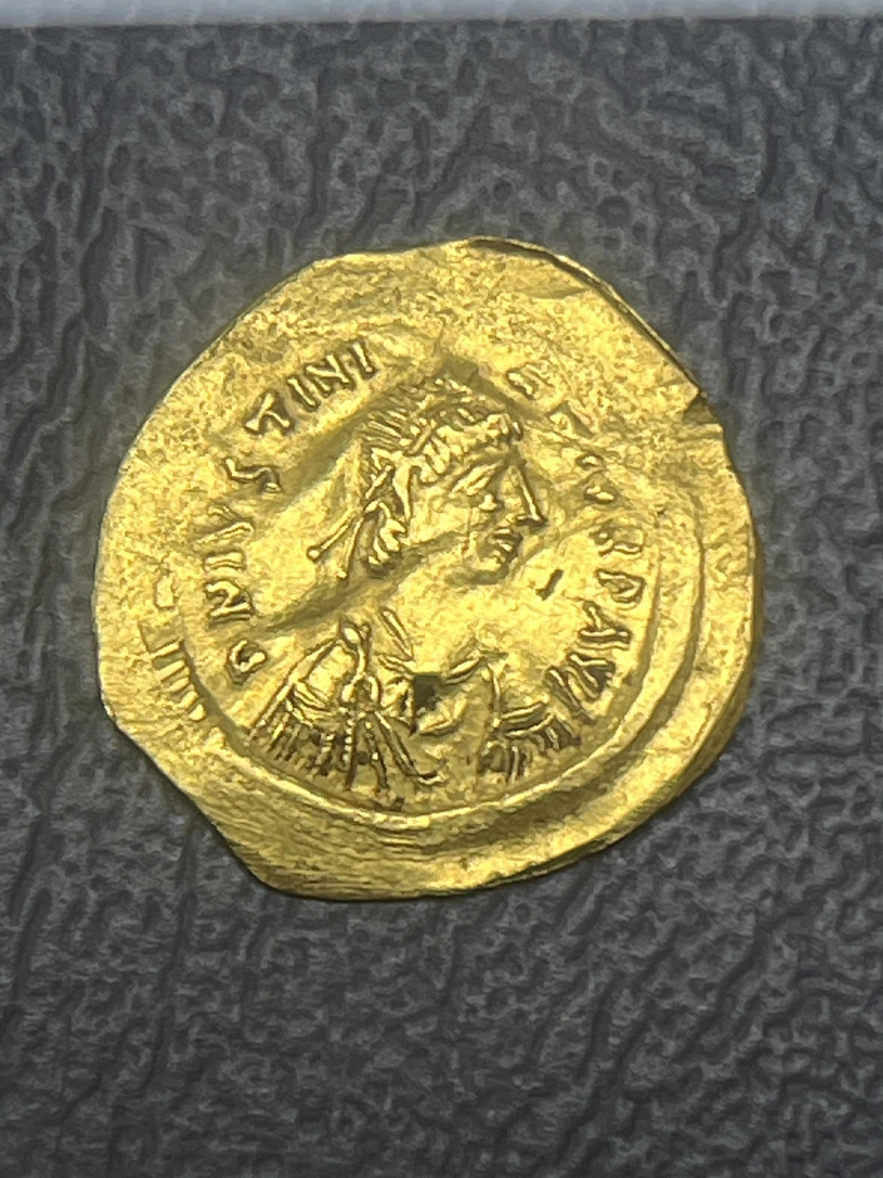 Ancient Coins, Byzantine, Justinian I (527-565 CE), gold Tremissis, obv. draped bust, rev. Victory advancing, Constantinople Mint, F, approx 1.46g